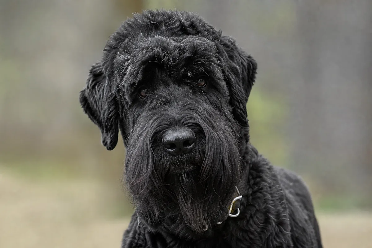 Schwarzer Russischer Terrier, Kopfporträt mit wachem, aufmerksamem Ausdruck