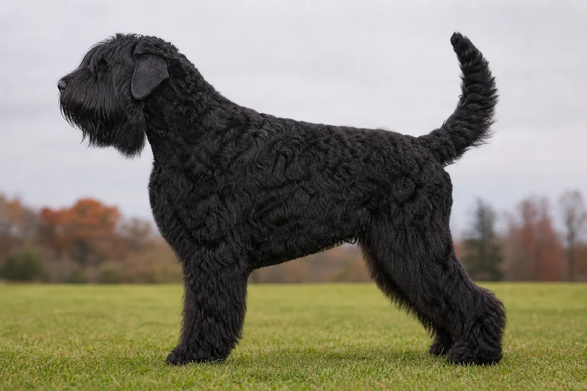 Schwarzer Russischer Terrier im Profil stehend, zeigt Körperbau, Haarkleid und hoch angesetzte, unkupierte Rute